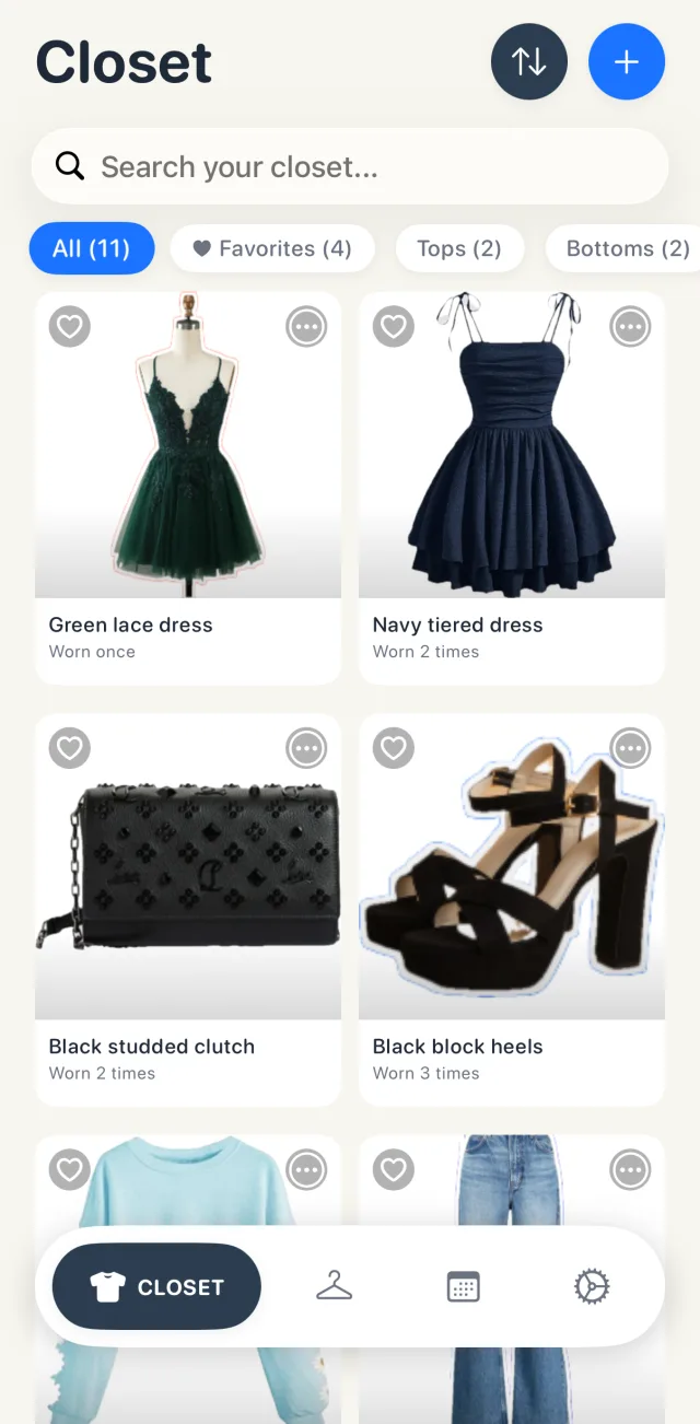 Looksy's Closet sorted by least worn: the green lace dress worn once and the navy tiered dress worn twice at the top, then the black clutch and block heels