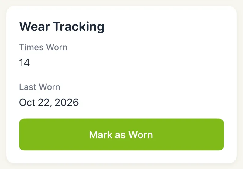 The Wear Tracking card on Looksy's Item Detail for the straight-leg jeans: times worn 14, last worn Oct 22, 2026, and a green Mark as Worn button