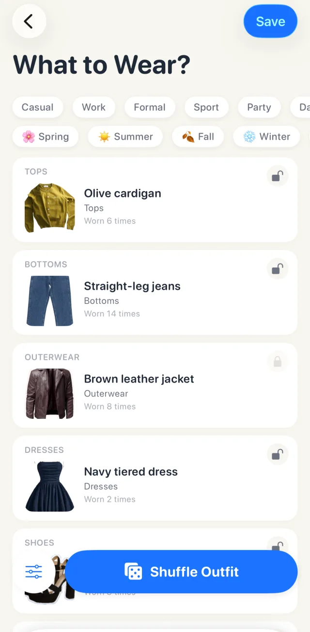 Looksy's What to Wear? screen with occasion and season filters, then one piece per category (olive cardigan, straight-leg jeans, brown leather jacket, navy tiered dress), each with a lock button and how often it was worn, above a Shuffle Outfit button