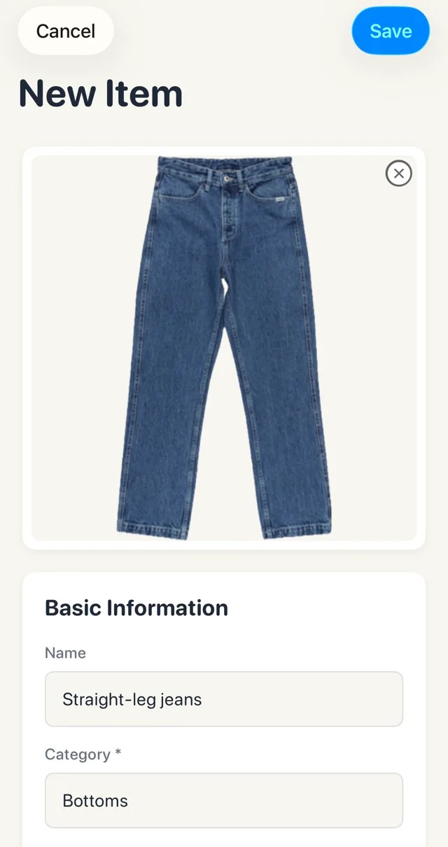 Looksy's New Item screen with a cut-out photo of straight-leg jeans, the name filled in and Bottoms chosen as the category