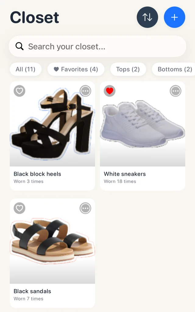 Looksy's Closet screen showing only shoes: black block heels, white sneakers and black sandals, each with how many times it was worn