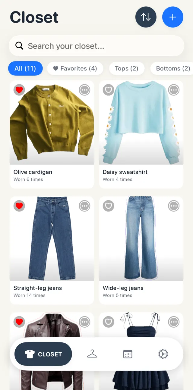 Looksy's Closet screen with a grid of cut-out clothes: an olive cardigan, a daisy sweatshirt, straight-leg and wide-leg jeans, each showing how often it was worn