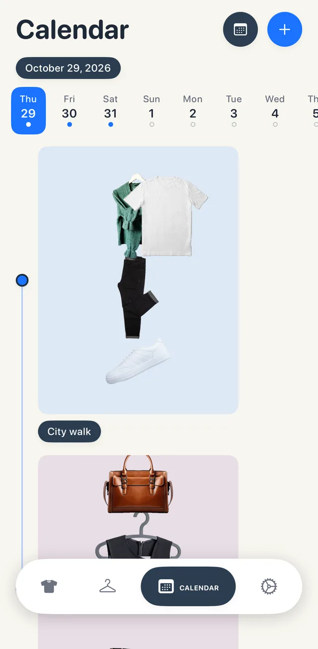 Looksy's Calendar tab with a week strip, Thursday October 29 selected and dots under Friday and Saturday, showing the City walk look (green knit cardigan, white tee, black slim jeans, white sneakers) with the Dinner out look starting below it