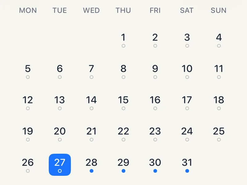 Looksy's full calendar for October 2026 with today, the 27th, highlighted and blue dots under October 28 to 31, the four days of the trip