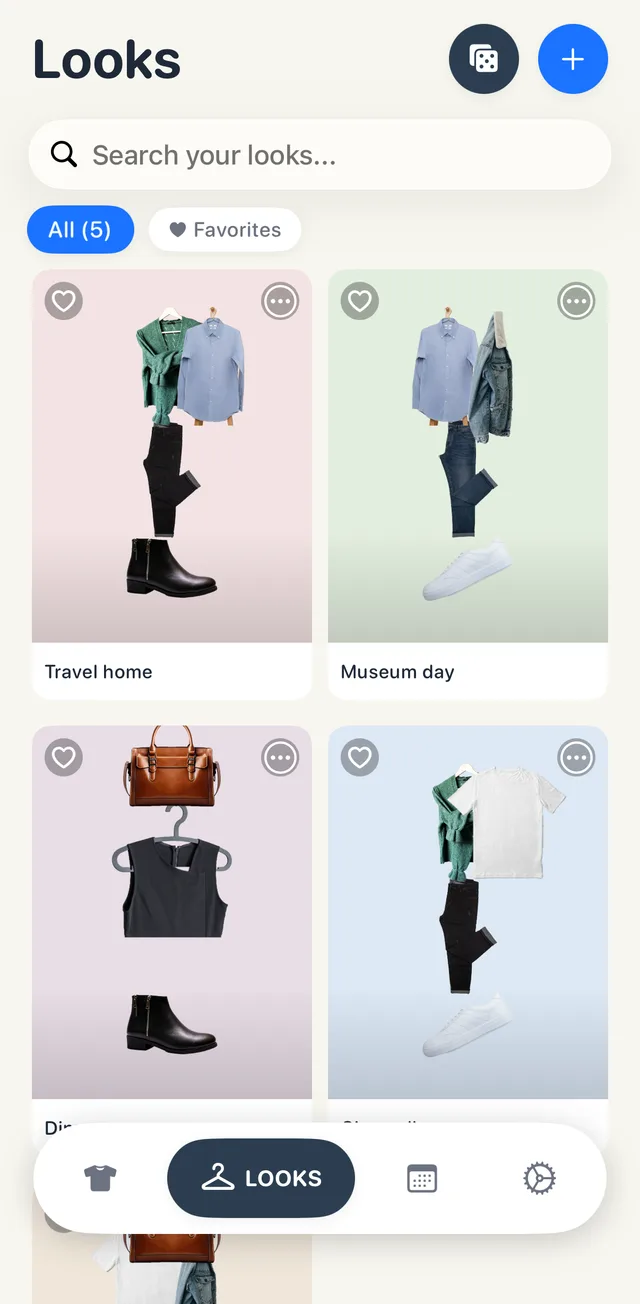 Looksy's Looks tab showing All (5) trip looks, including Travel home (green cardigan, blue oxford shirt, black jeans, ankle boots), Museum day (blue oxford shirt, denim jacket, dark jeans, white sneakers) and Dinner out (brown leather bag, black dress, ankle boots)
