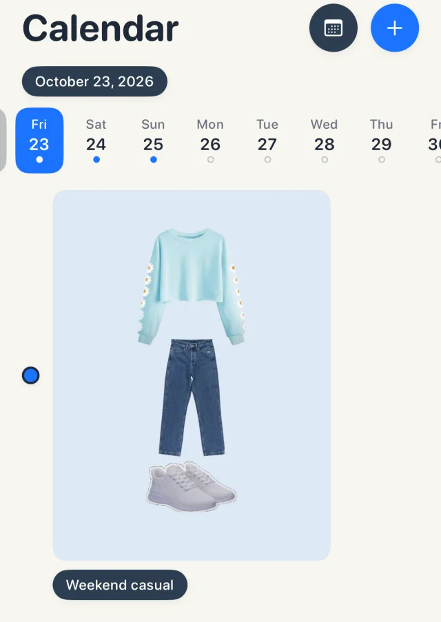 Looksy's Calendar tab with a week strip at the top, dots under the days that have a look planned, and Friday's look, Weekend casual, shown as a daisy sweatshirt, straight-leg jeans and white sneakers