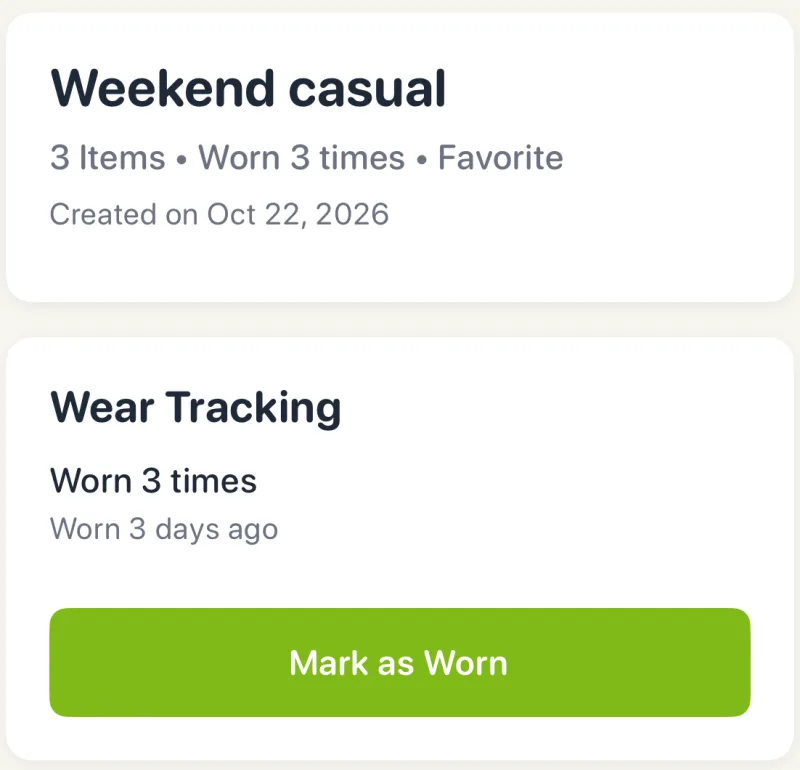 Looksy's Look Detail for Weekend casual: 3 items, worn 3 times, last worn 3 days ago, with a green Mark as Worn button