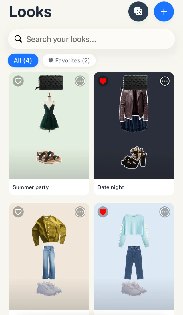 Looksy's Looks tab with a search bar and four saved outfits, including Summer party and Date night, each shown as a picture of the pieces