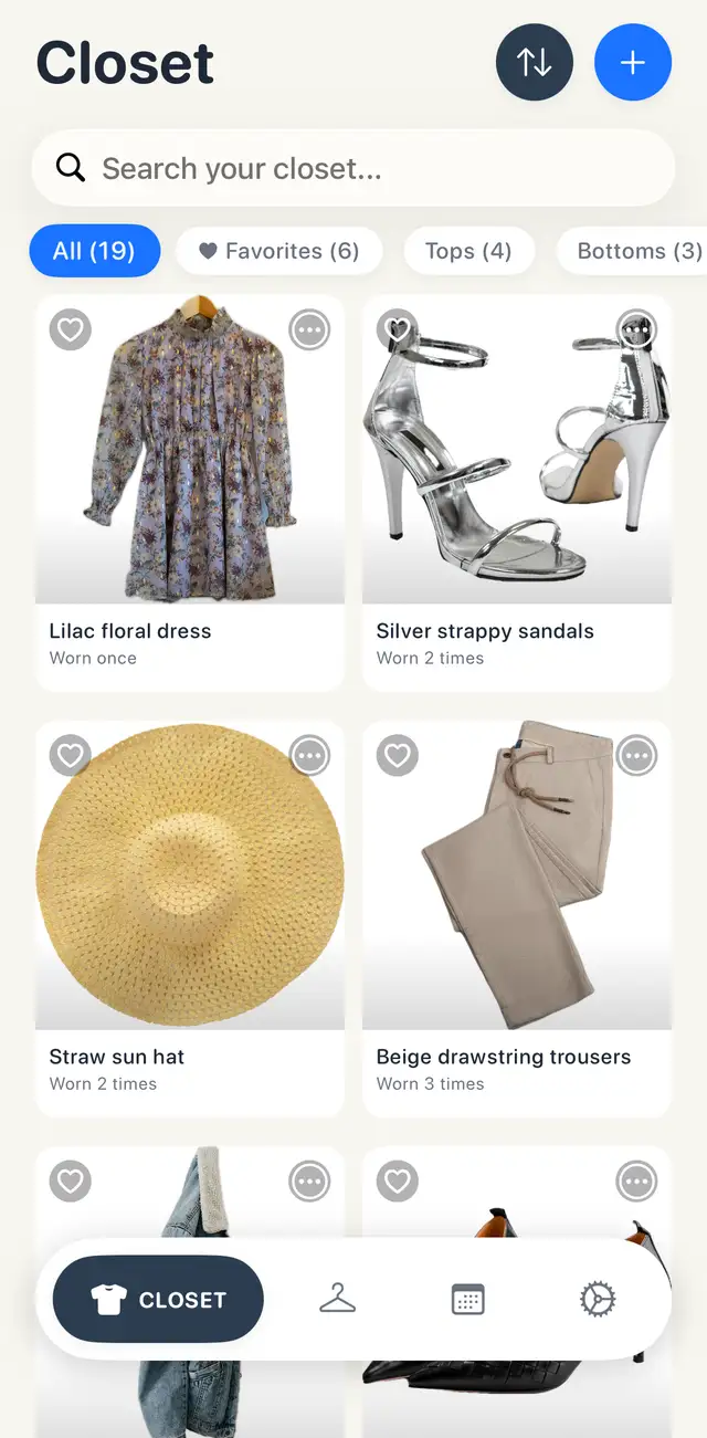 Looksy's Closet sorted by least worn, with the lilac floral dress first, followed by the silver strappy sandals, straw sun hat and other rarely worn pieces
