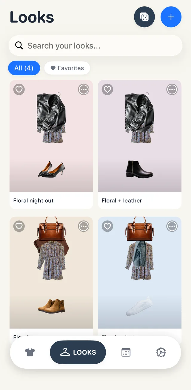 Looksy's Looks tab with four looks built around the same lilac floral dress: Floral night out with a black leather jacket and black pumps, Floral + leather with the same jacket and black ankle boots, then the dress with a rust sweater, brown bag and tan suede boots, and the dress with a denim jacket, brown bag and white sneakers