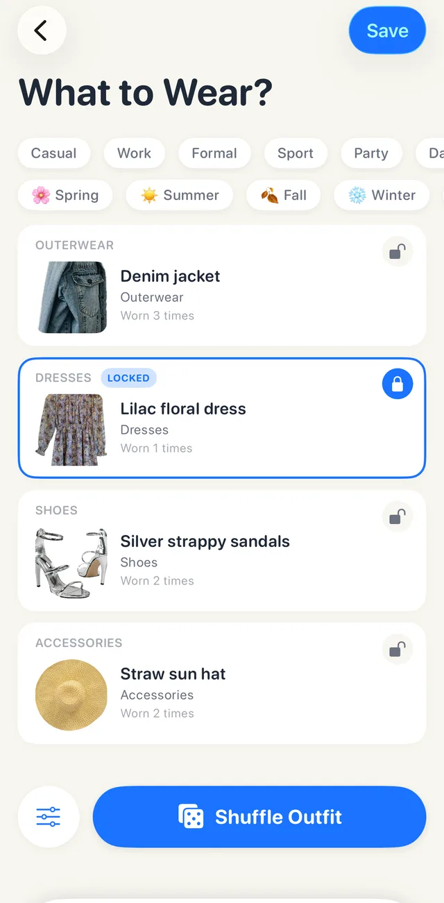 Looksy's What to Wear? screen with occasion and season filters, the lilac floral dress locked in the dresses slot, and shuffled picks around it: a denim jacket worn 3 times, silver strappy sandals worn 2 times and a straw sun hat worn 2 times, above the Shuffle Outfit button